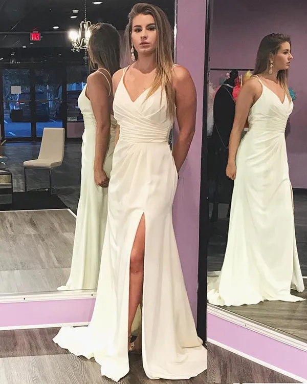 Simple White Prom Dresses Ruch Spaghetti Straps Long Mermaid Prom Party Gowns with Split Side