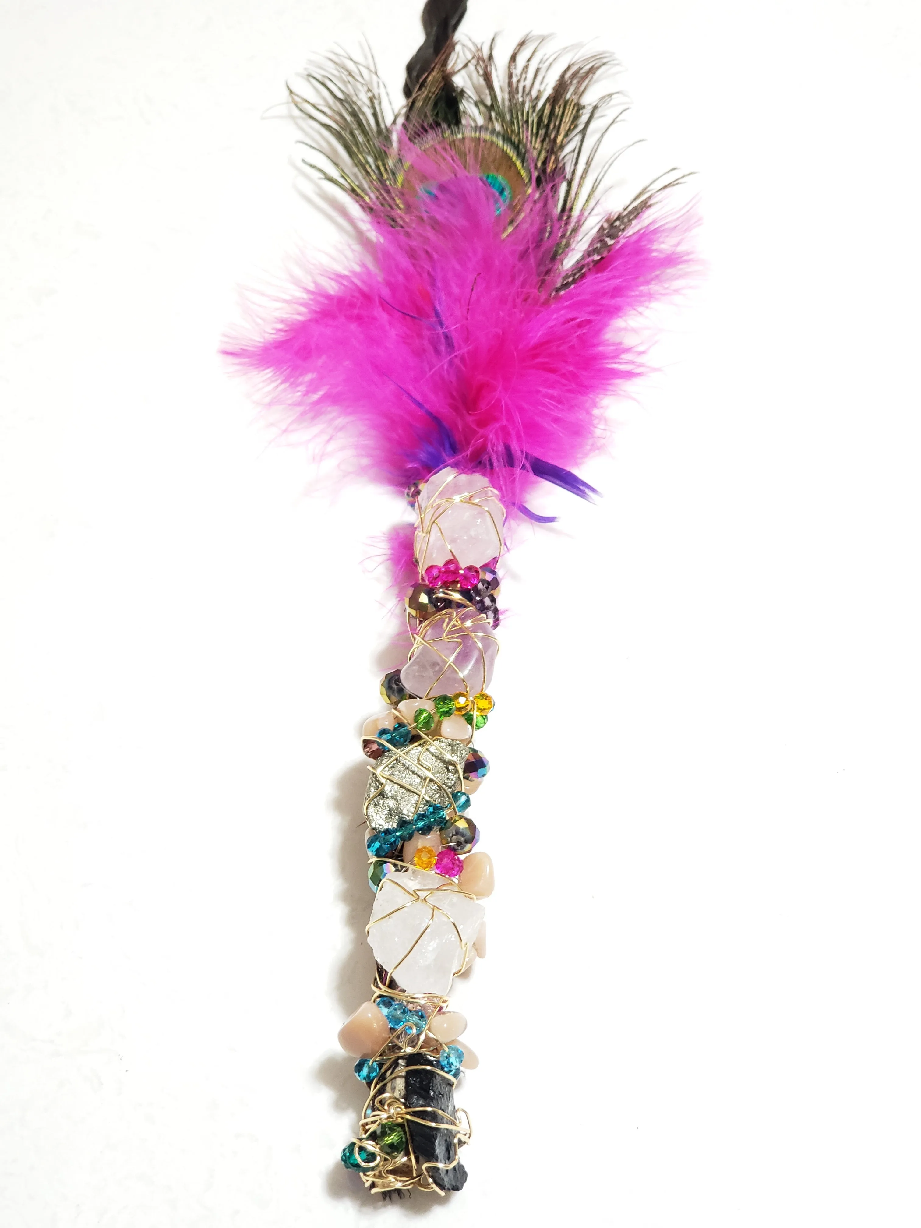 Smudge Feather Wand~One of a kind crystal wand
