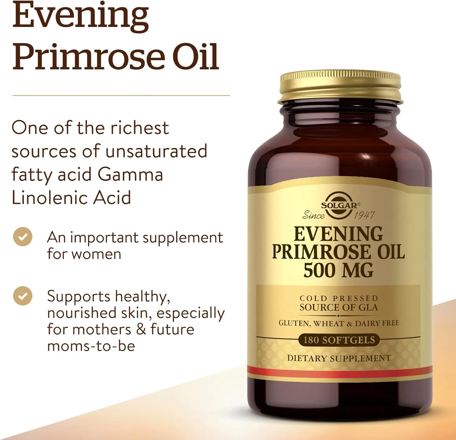 Solgar Evening Primrose Oil 500 mg, 180 Softgels - Promotes Healthy Skin & Cardiovascular Health - Nutritional Support for Women - Gluten Free, Dairy Free - 180 Servings