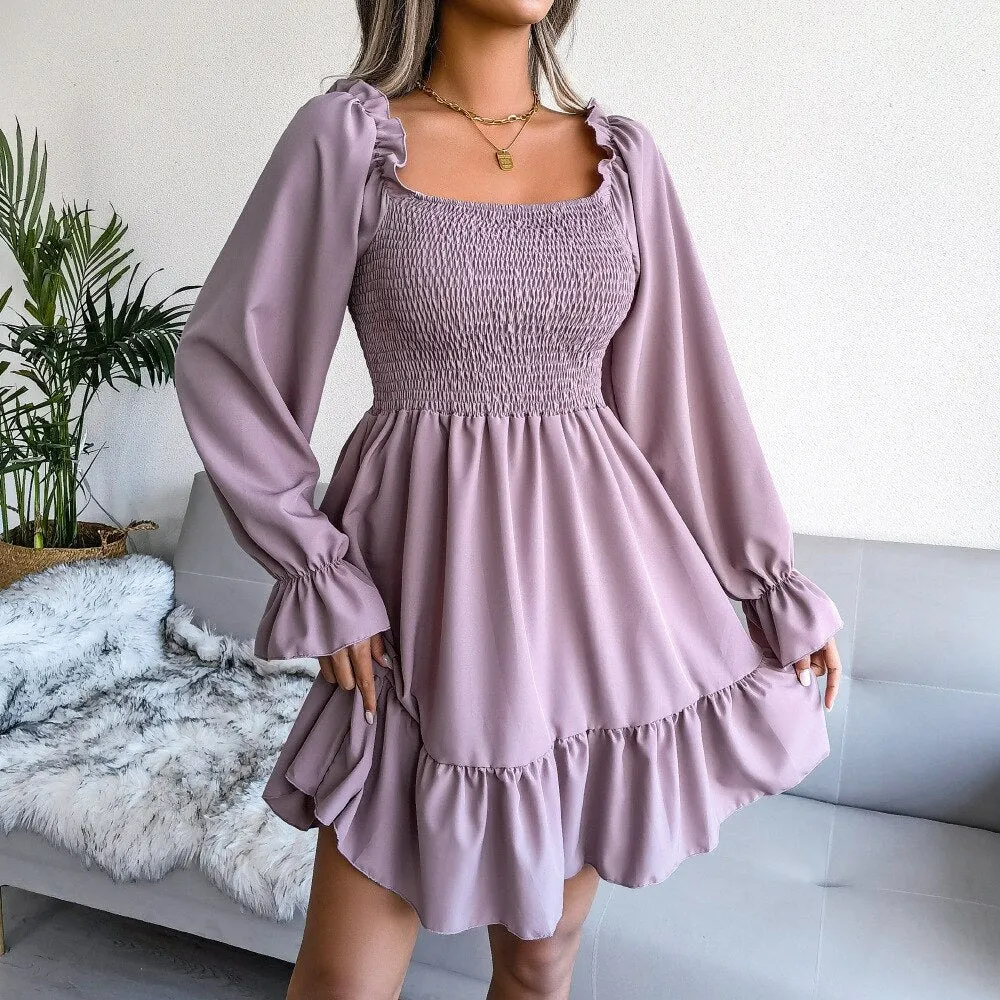 Square Neck Flared Full Sleeve Ruffled Swing Solid Color Dress Women Autumn Winter Sexy A Line All Match Dress