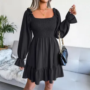 Square Neck Flared Full Sleeve Ruffled Swing Solid Color Dress Women Autumn Winter Sexy A Line All Match Dress
