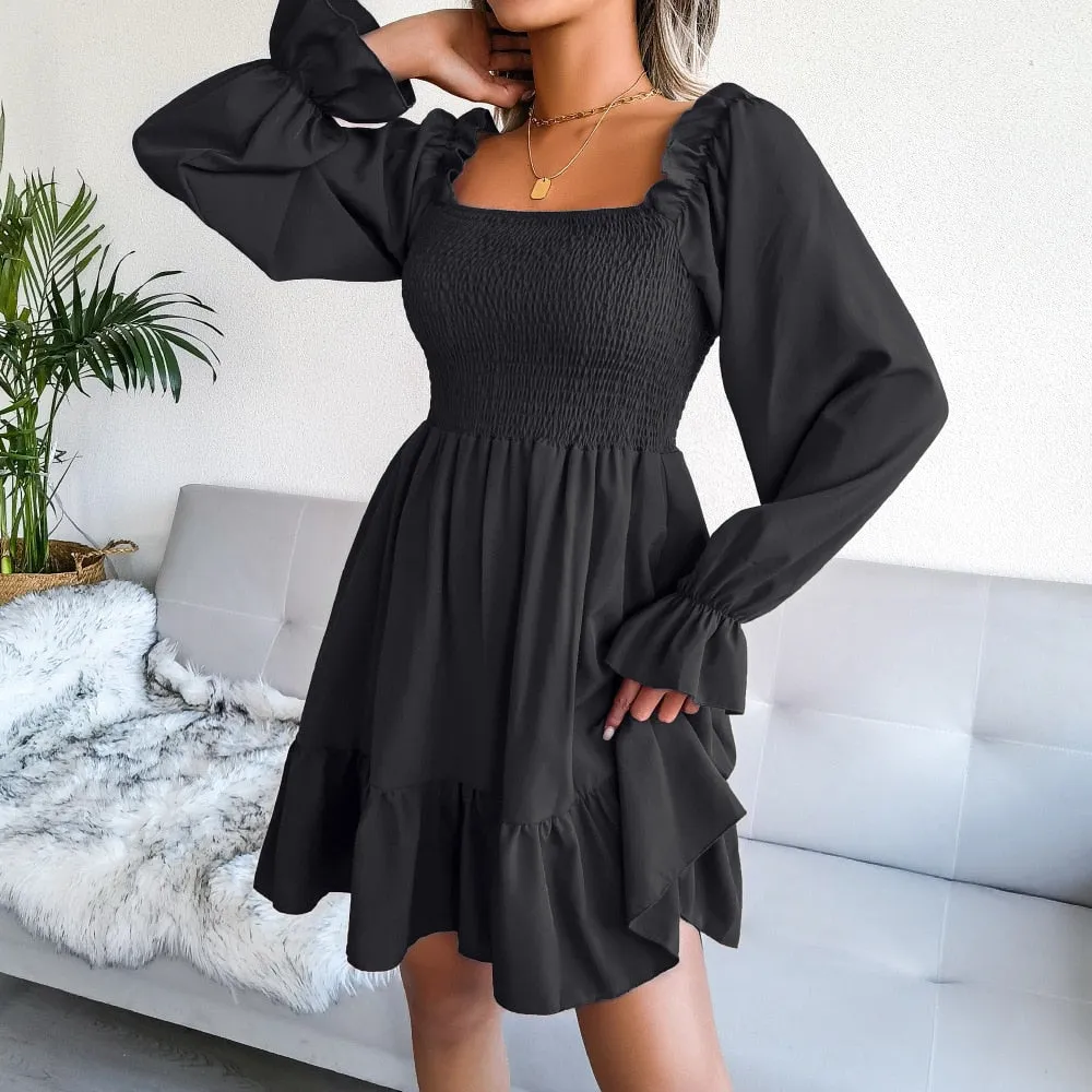 Square Neck Flared Full Sleeve Ruffled Swing Solid Color Dress Women Autumn Winter Sexy A Line All Match Dress