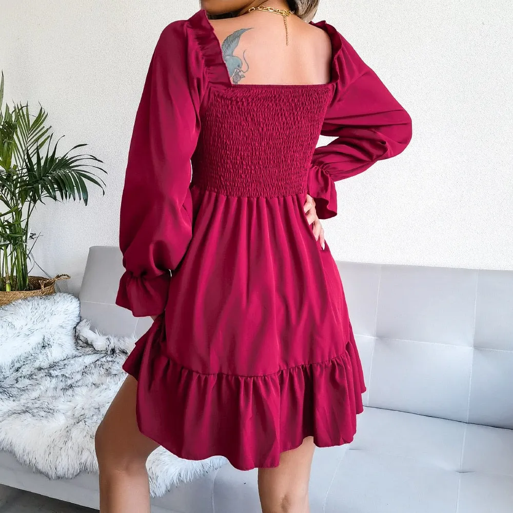 Square Neck Flared Full Sleeve Ruffled Swing Solid Color Dress Women Autumn Winter Sexy A Line All Match Dress