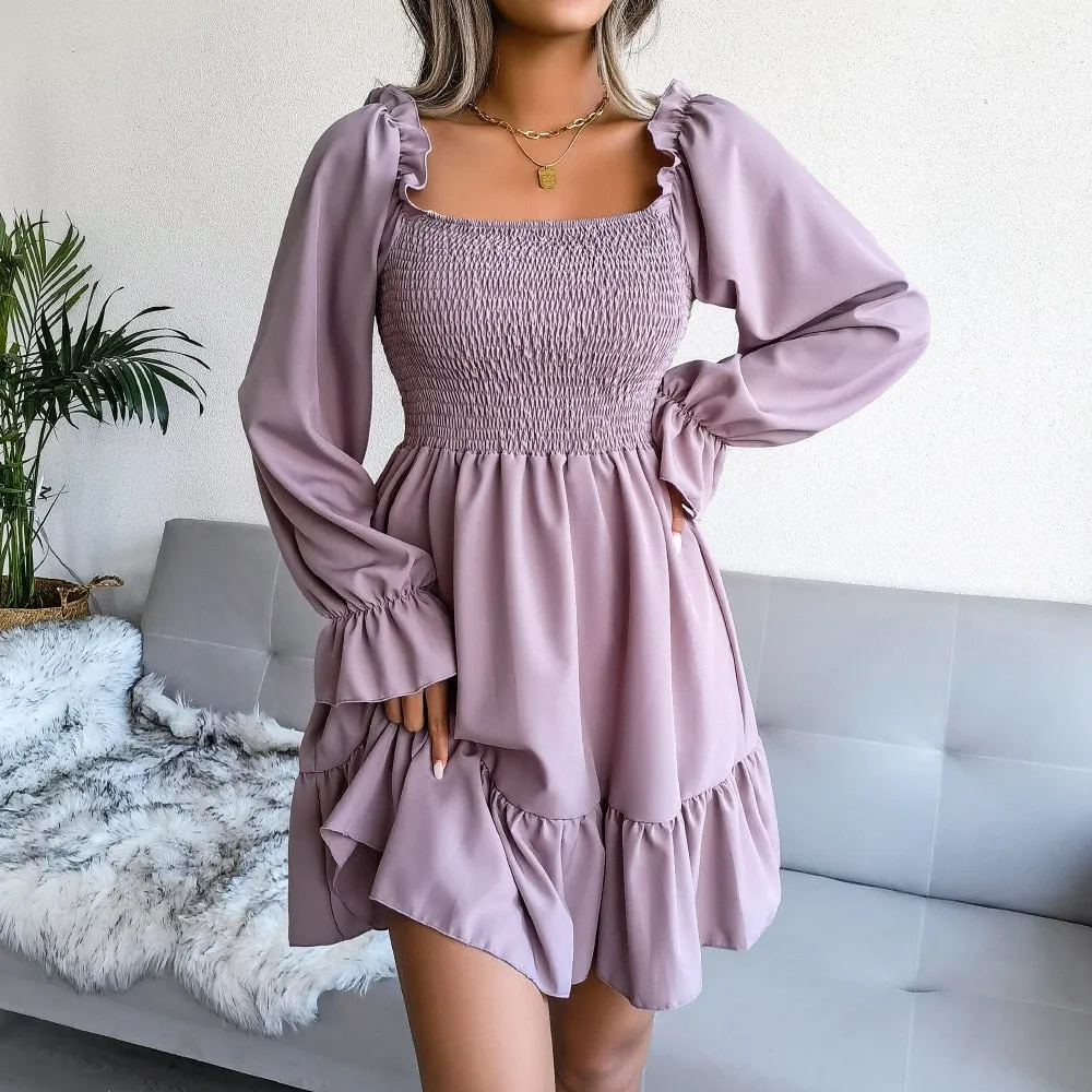 Square Neck Flared Full Sleeve Ruffled Swing Solid Color Dress Women Autumn Winter Sexy A Line All Match Dress