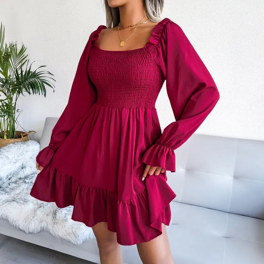 Square Neck Flared Full Sleeve Ruffled Swing Solid Color Dress Women Autumn Winter Sexy A Line All Match Dress