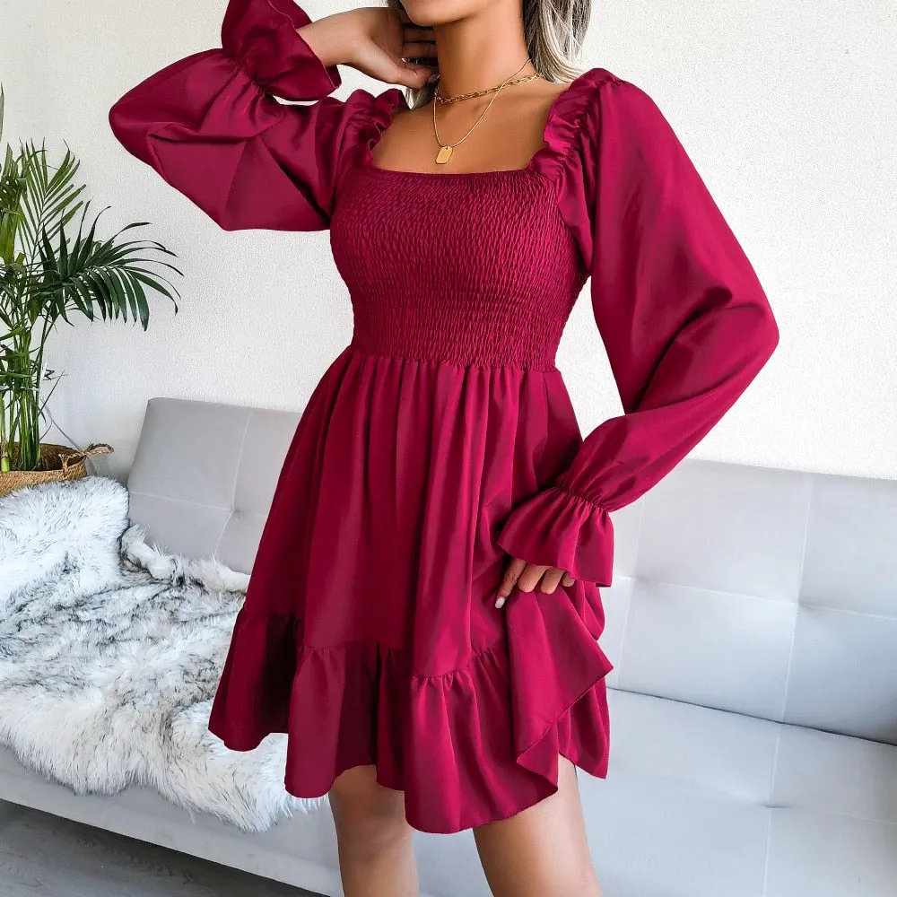 Square Neck Flared Full Sleeve Ruffled Swing Solid Color Dress Women Autumn Winter Sexy A Line All Match Dress