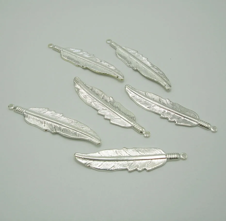 Sterling Silver Plated over Brass Textured Feather Pendant Charm 1 Ring Big Size