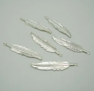 Sterling Silver Plated over Brass Textured Feather Pendant Charm 1 Ring Big Size