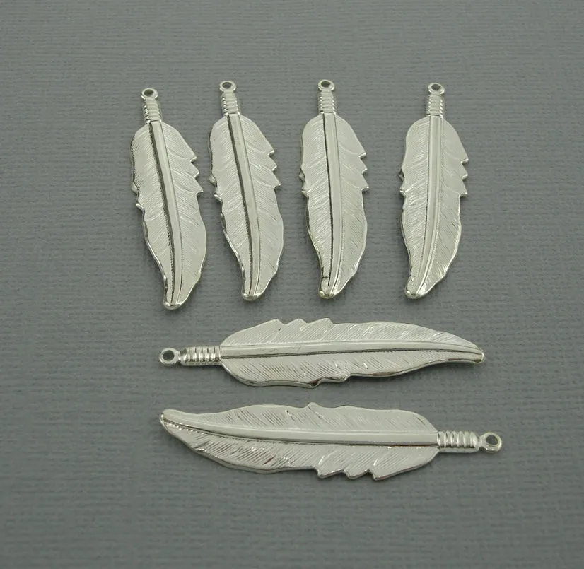 Sterling Silver Plated over Brass Textured Feather Pendant Charm 1 Ring Big Size
