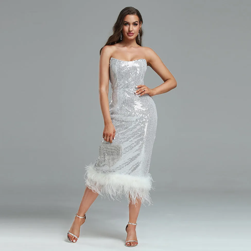 Strapless Feather Sequins Midi Dress