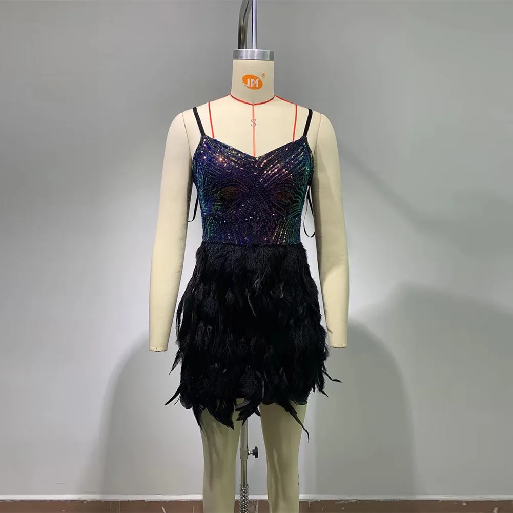 Strappy Sleeveless Feather Mini Bodycon Dress HT330