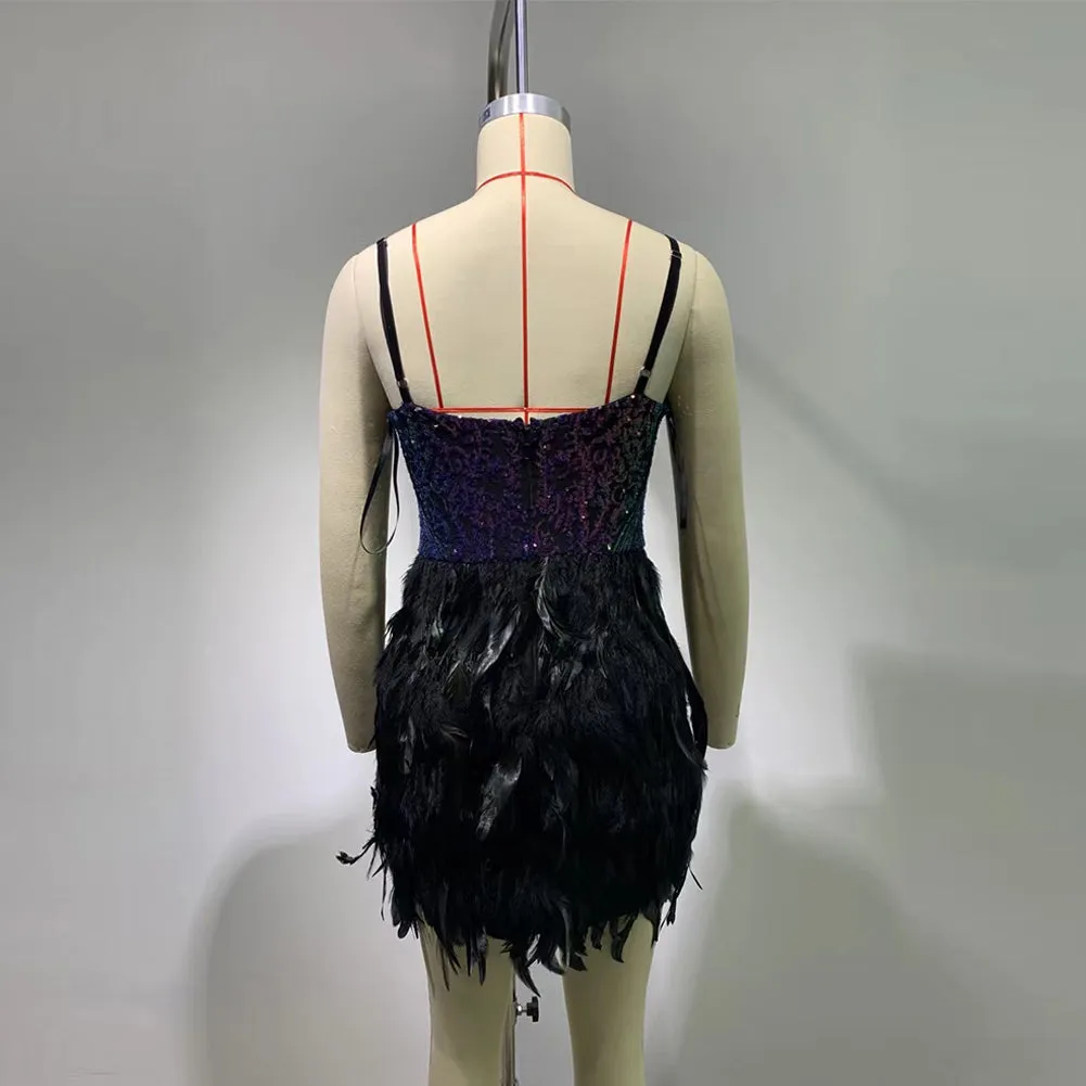 Strappy Sleeveless Feather Mini Bodycon Dress HT330