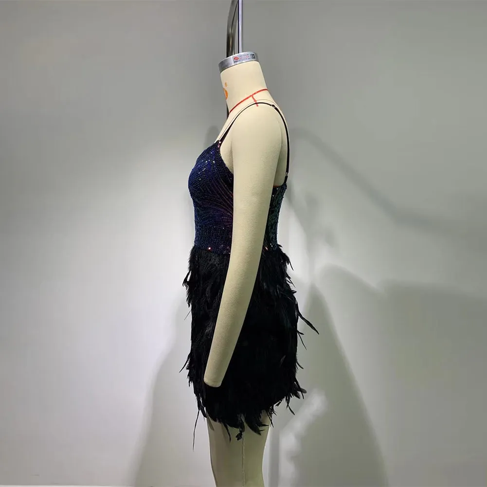 Strappy Sleeveless Feather Mini Bodycon Dress HT330