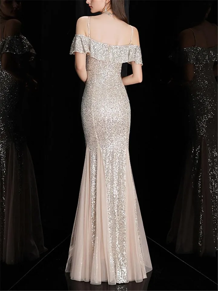 Stunning Sequined Off Shoulder Cap Sleeve Mermaid Dress for Evening Party