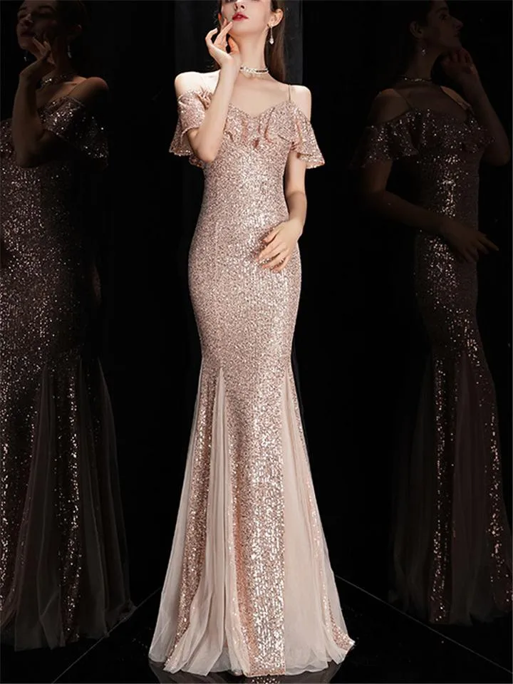 Stunning Sequined Off Shoulder Cap Sleeve Mermaid Dress for Evening Party