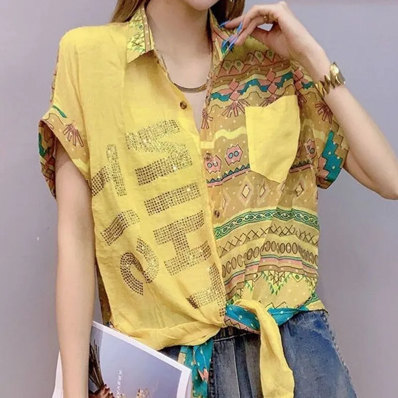 Stylish Elegant Female Short Sleeve Print Blouse Vintage Casual All-match Diamonds Spliced Button Shirt Summer Women's Clothing