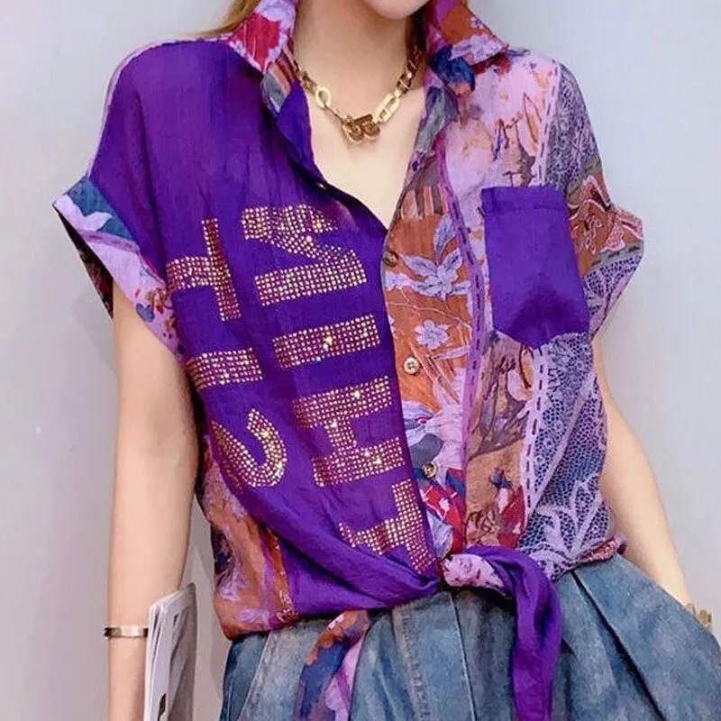 Stylish Elegant Female Short Sleeve Print Blouse Vintage Casual All-match Diamonds Spliced Button Shirt Summer Women's Clothing