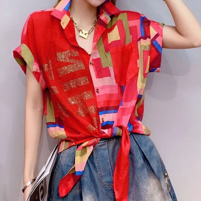 Stylish Elegant Female Short Sleeve Print Blouse Vintage Casual All-match Diamonds Spliced Button Shirt Summer Women's Clothing