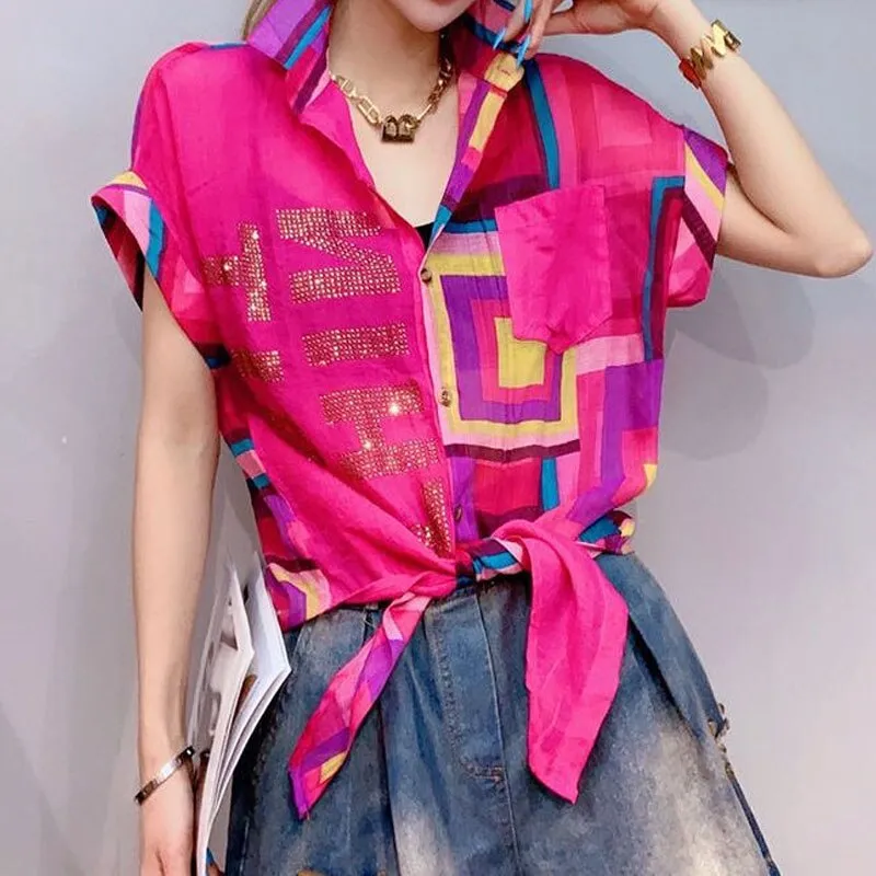 Stylish Elegant Female Short Sleeve Print Blouse Vintage Casual All-match Diamonds Spliced Button Shirt Summer Women's Clothing