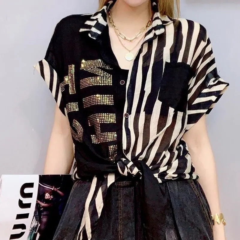 Stylish Elegant Female Short Sleeve Print Blouse Vintage Casual All-match Diamonds Spliced Button Shirt Summer Women's Clothing