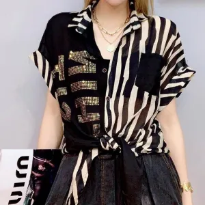 Stylish Elegant Female Short Sleeve Print Blouse Vintage Casual All-match Diamonds Spliced Button Shirt Summer Women's Clothing