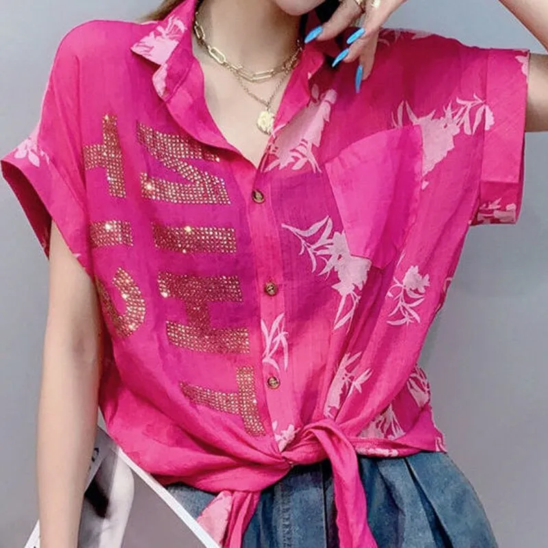 Stylish Elegant Female Short Sleeve Print Blouse Vintage Casual All-match Diamonds Spliced Button Shirt Summer Women's Clothing