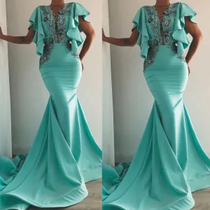 turquoise blue feather evening dresses long mermaid short sleeve v neck beaded luxury evening gown 2020