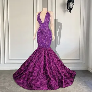 V-neck Sleeveless 3D Flowers Fitted Girls Purple Sequin Prom Gala Gowns