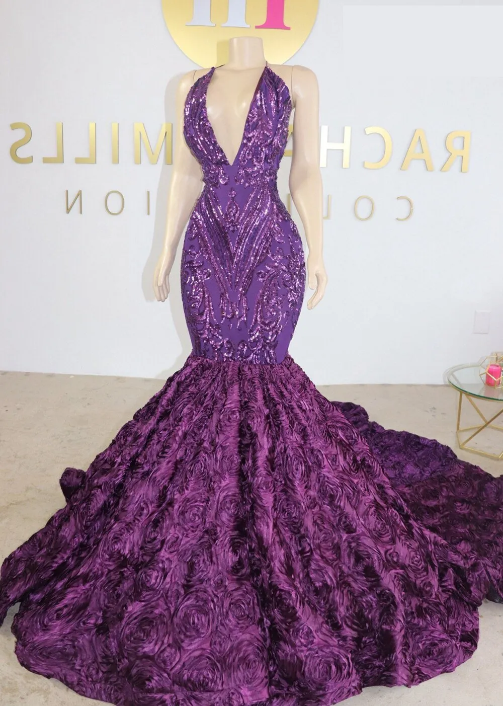 V-neck Sleeveless 3D Flowers Fitted Girls Purple Sequin Prom Gala Gowns