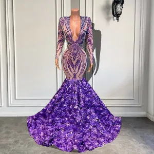 V-neck Sparkly Sequined Black Girls Mermaid Fitted Lavender Prom Gowns