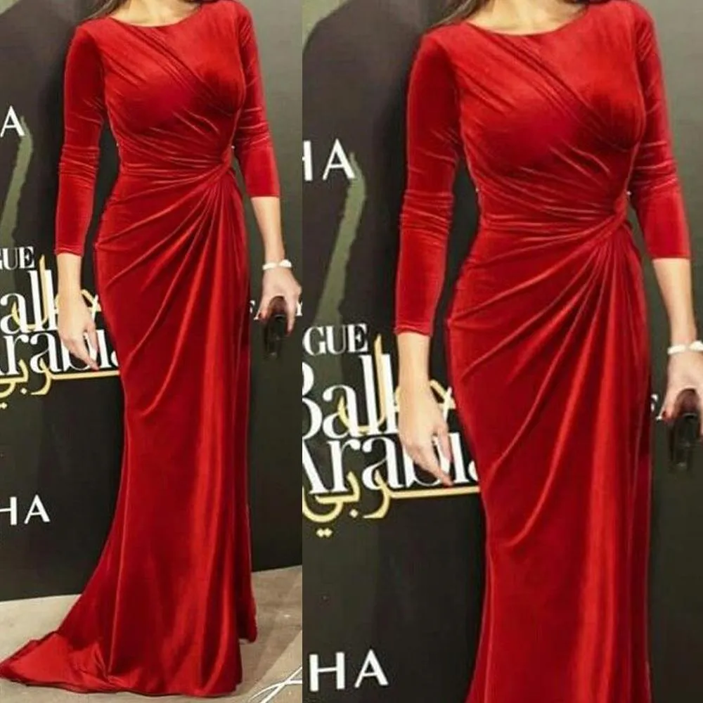 velvet red evening dresses long sleeve mermaid elegant simple vintage winter evening gown vestido de festa