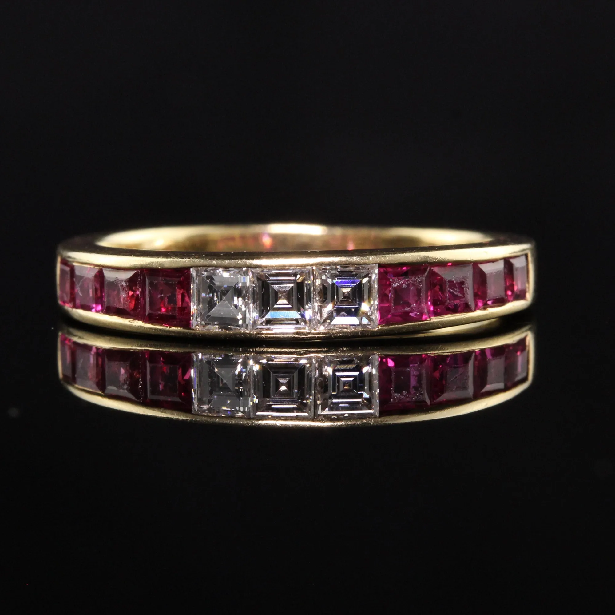 Vintage Retro 14K Yellow Gold Ruby and Carre Cut Diamond Band