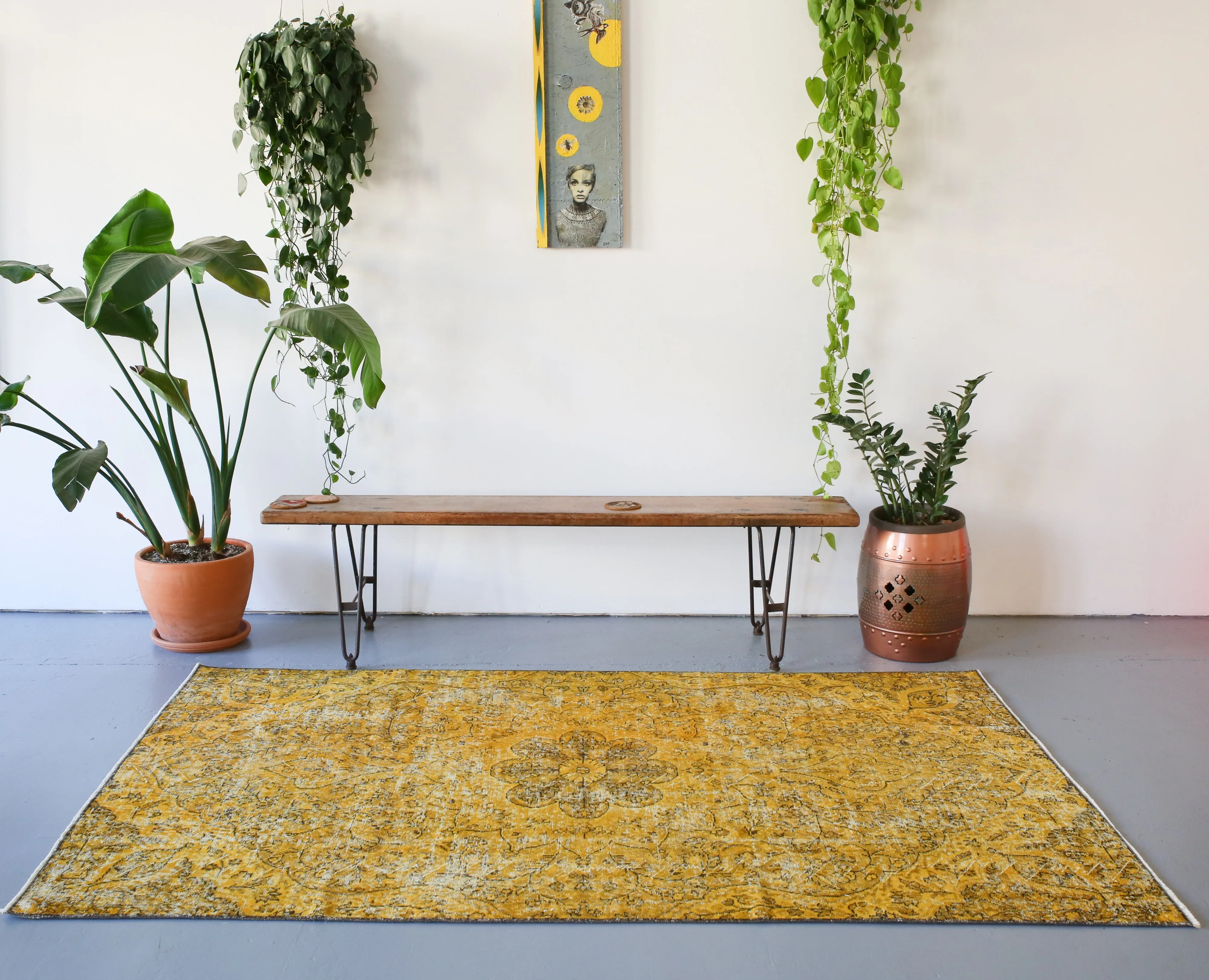 Vintage Turkish Overdyed Rug in Meyer Lemon 4.7ftx7.10ft