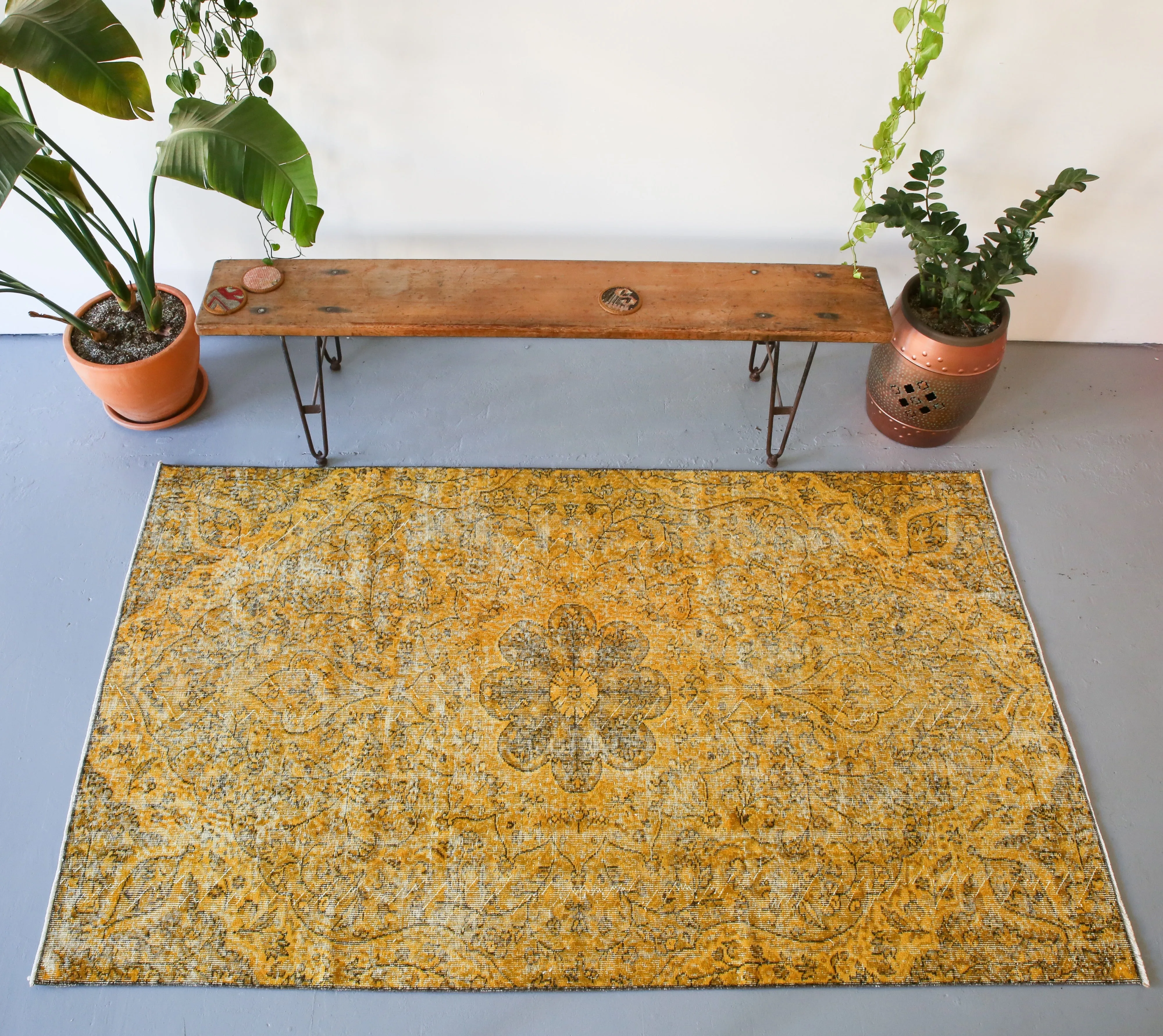 Vintage Turkish Overdyed Rug in Meyer Lemon 4.7ftx7.10ft