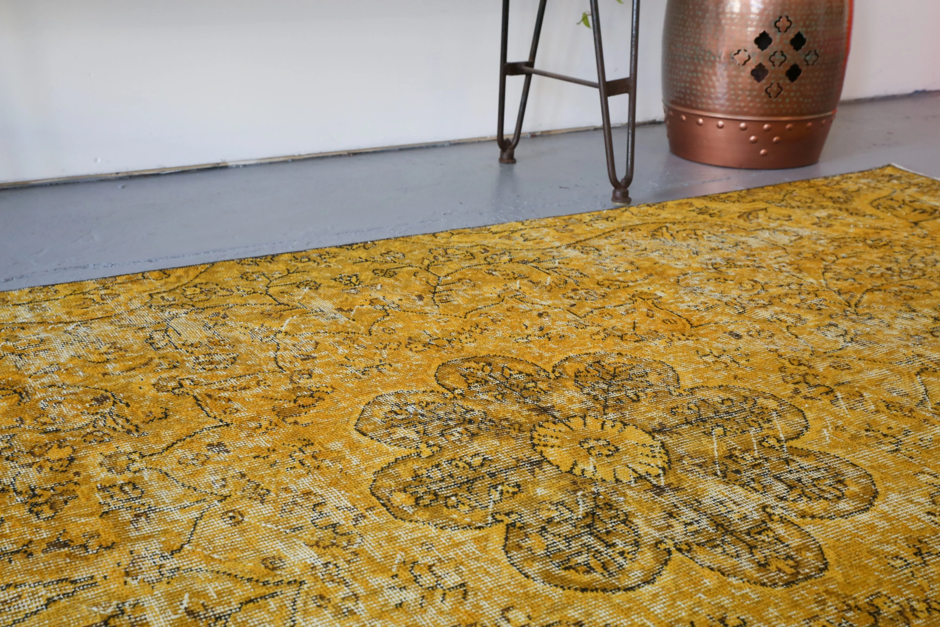 Vintage Turkish Overdyed Rug in Meyer Lemon 4.7ftx7.10ft
