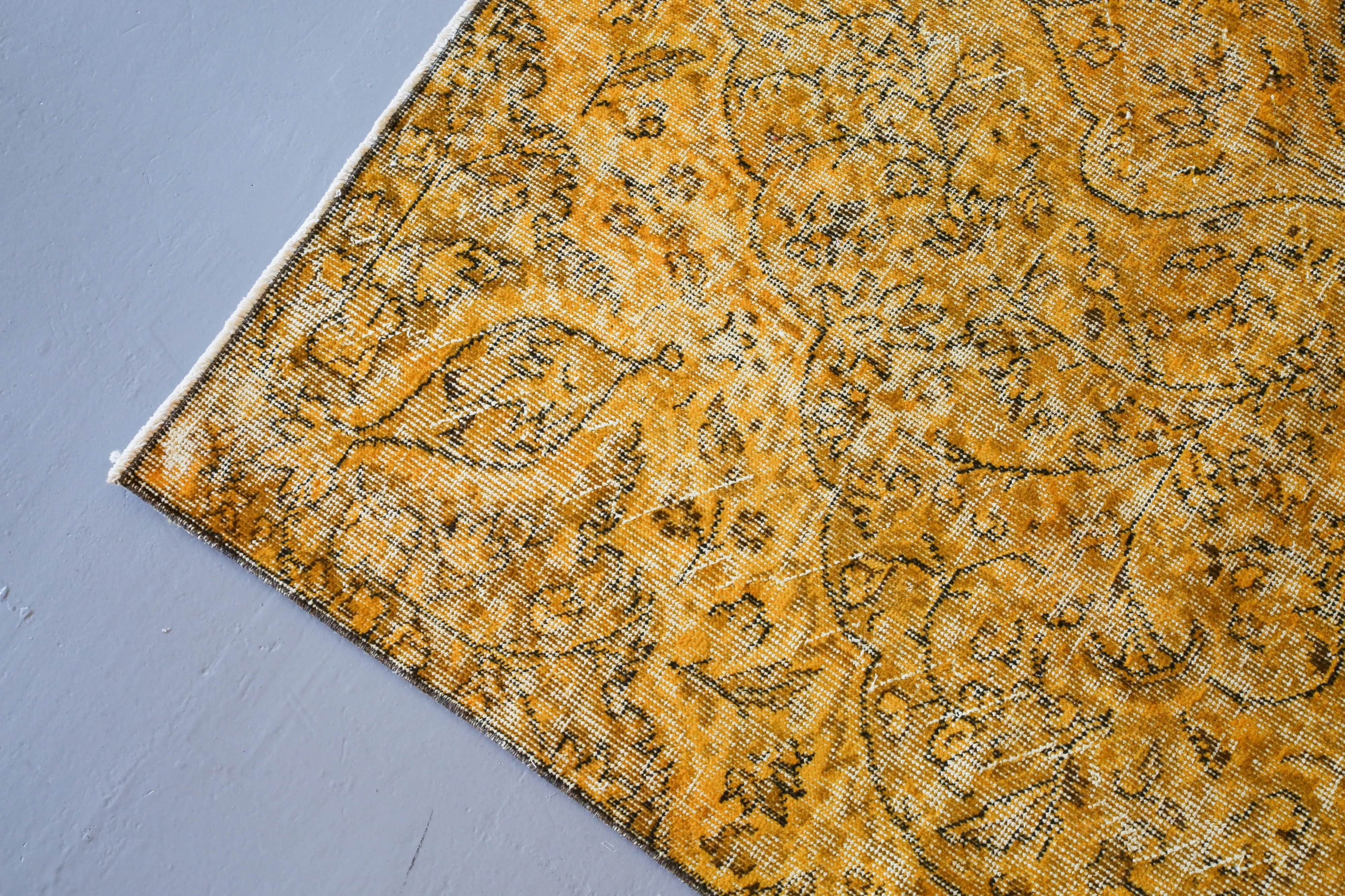 Vintage Turkish Overdyed Rug in Meyer Lemon 4.7ftx7.10ft