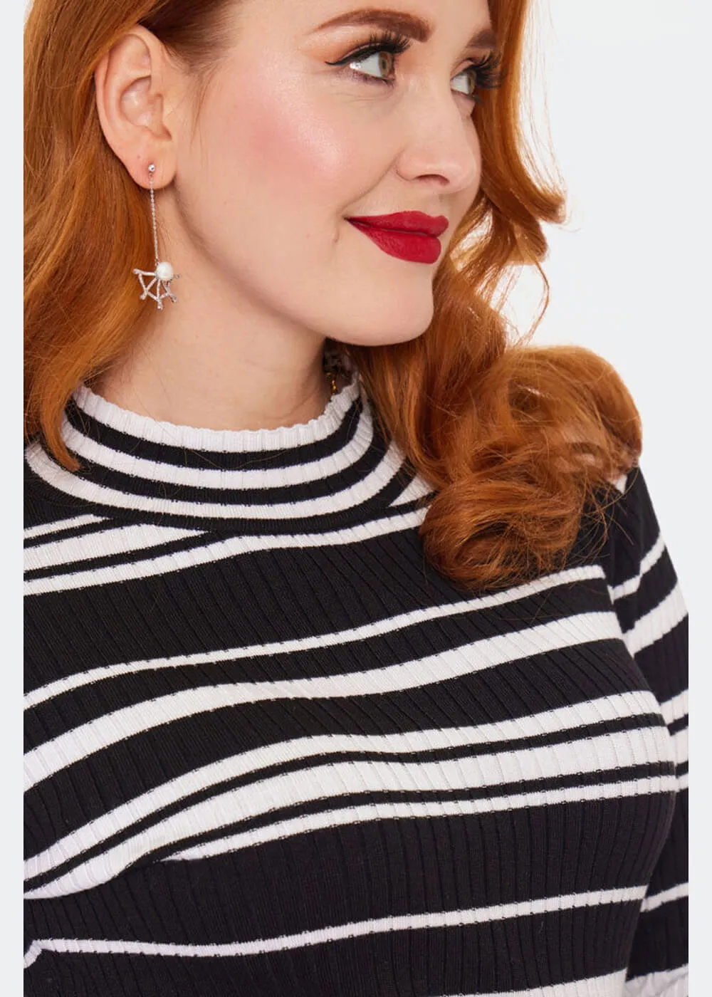Voodoo Vixen High Neck Stripe 70's Sweater Black White