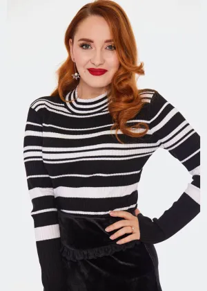 Voodoo Vixen High Neck Stripe 70's Sweater Black White