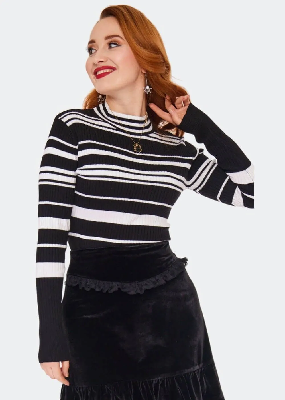 Voodoo Vixen High Neck Stripe 70's Sweater Black White