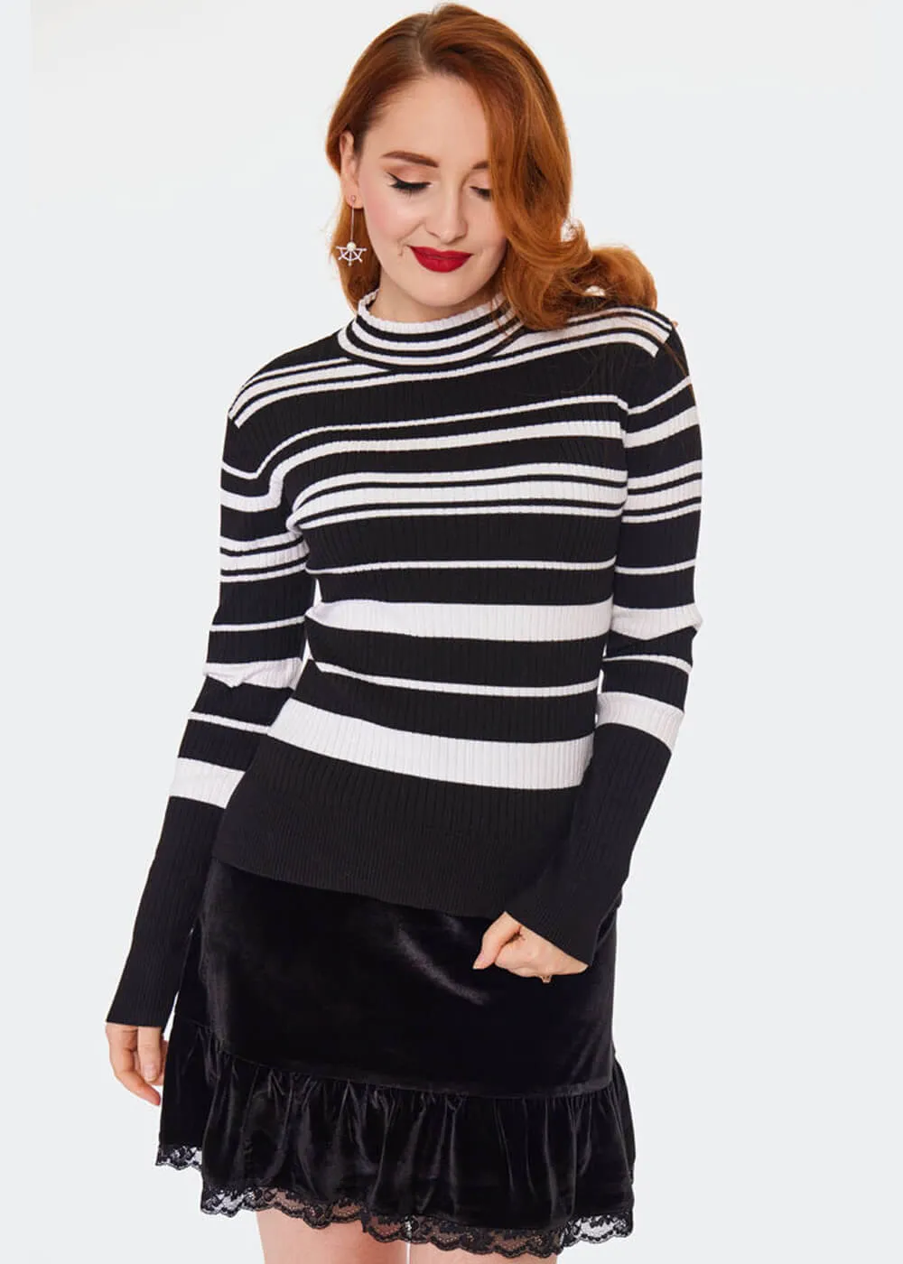 Voodoo Vixen High Neck Stripe 70's Sweater Black White