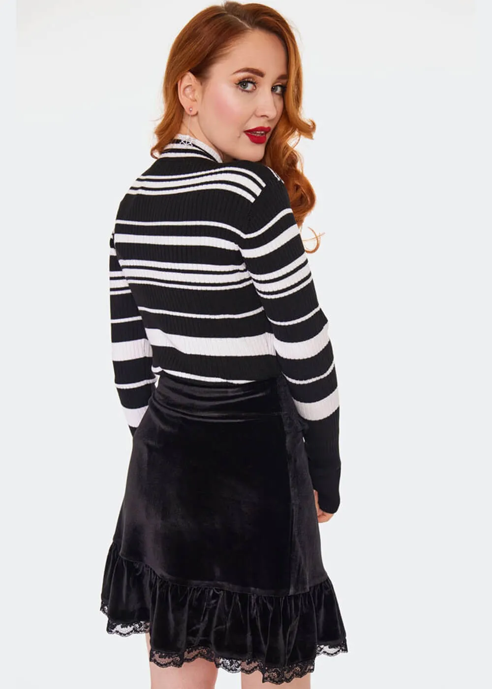 Voodoo Vixen High Neck Stripe 70's Sweater Black White