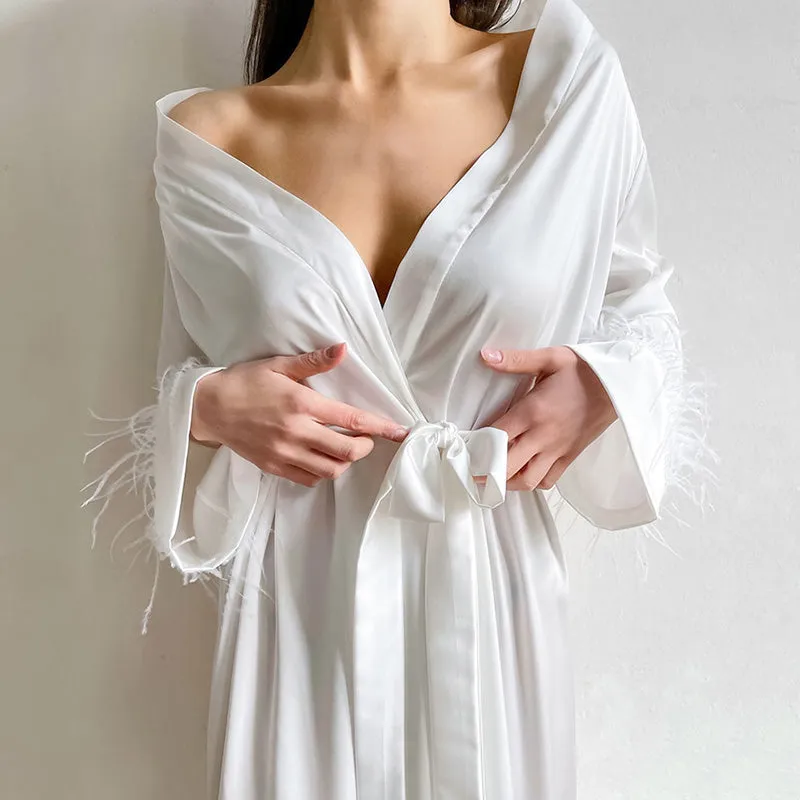 Women Long Pajamas Dress Bathrobe Satin Ostrich Fur Cuffs Loungewear Night
