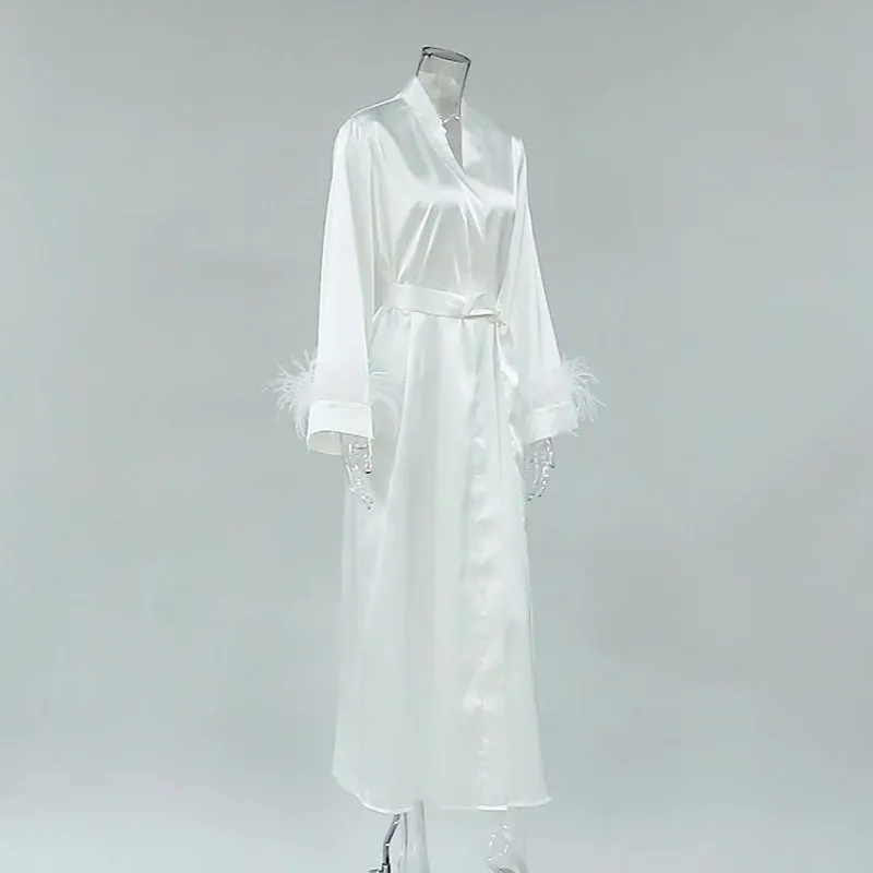 Women Long Pajamas Dress Bathrobe Satin Ostrich Fur Cuffs Loungewear Night