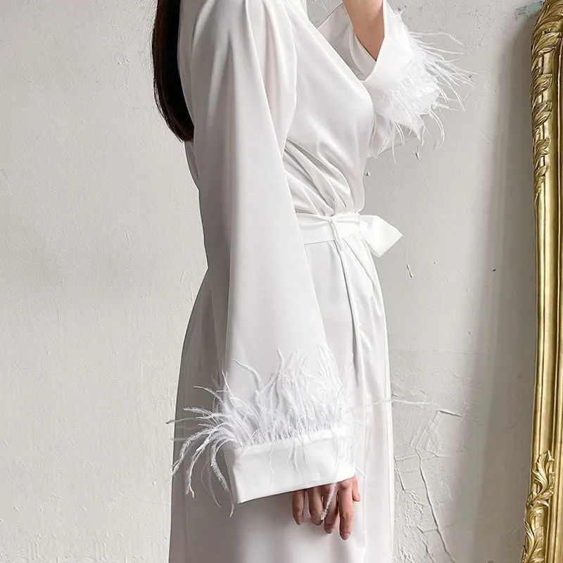 Women Long Pajamas Dress Bathrobe Satin Ostrich Fur Cuffs Loungewear Night