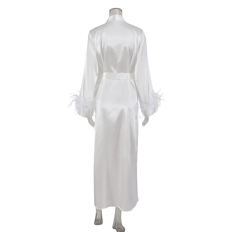 Women Long Pajamas Dress Bathrobe Satin Ostrich Fur Cuffs Loungewear Night