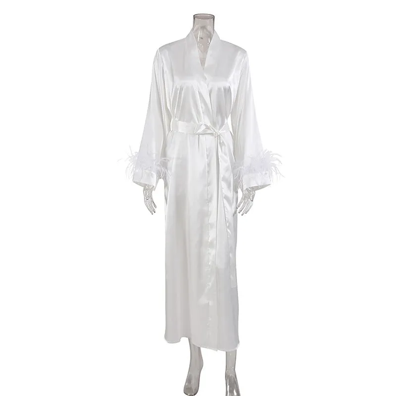 Women Long Pajamas Dress Bathrobe Satin Ostrich Fur Cuffs Loungewear Night