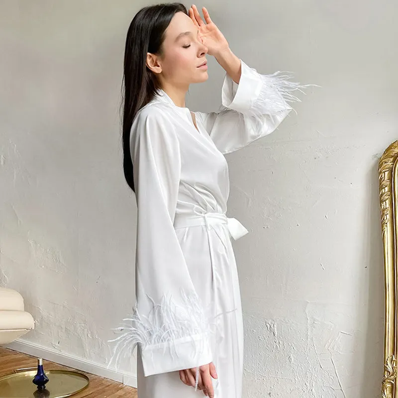 Women Long Pajamas Dress Bathrobe Satin Ostrich Fur Cuffs Loungewear Night