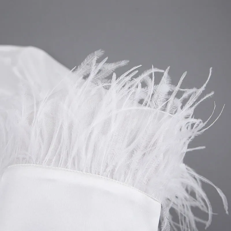 Women Long Pajamas Dress Bathrobe Satin Ostrich Fur Cuffs Loungewear Night