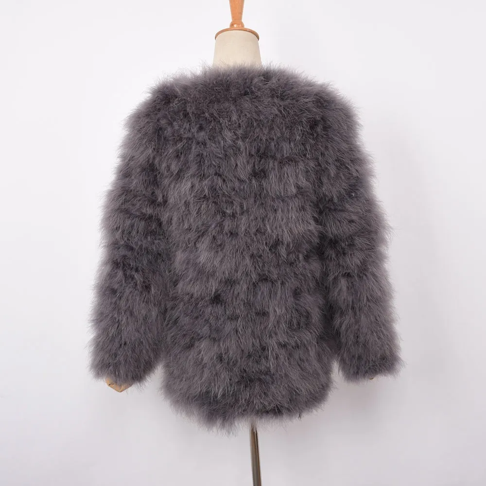 Women Real Fur Coat Long Style Genuine Ostrich Feather Fur Winter Dark Grey Jacket