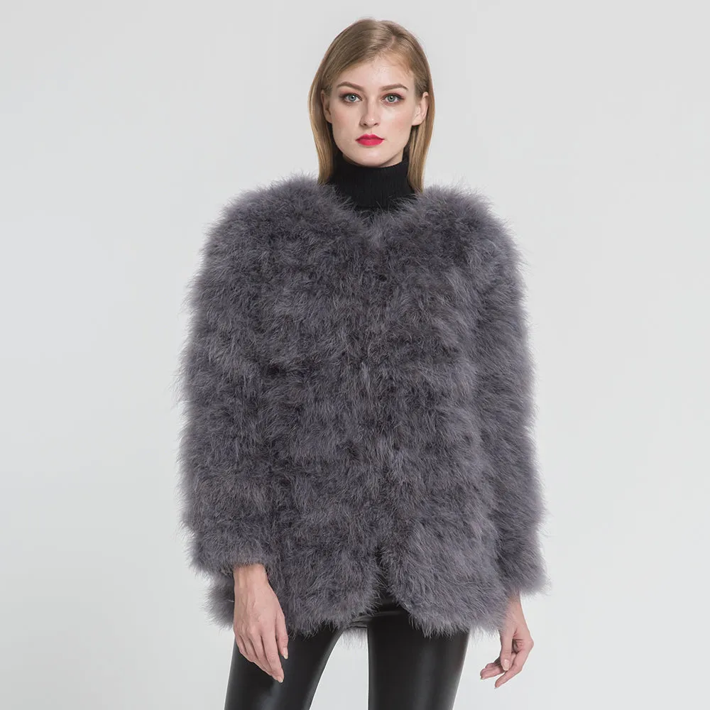 Women Real Fur Coat Long Style Genuine Ostrich Feather Fur Winter Dark Grey Jacket